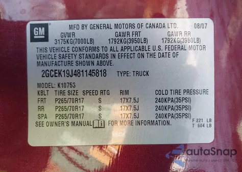 2008 Chevrolet Silverado 1500 Lt1 z USA, uszkodzony, nr VIN 2GCEK19J481145818